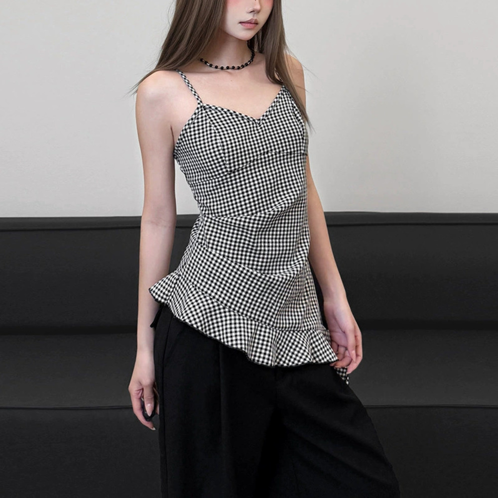 Zara Spring Black White Plaid Ruffle Hem Camisole Fitted Top